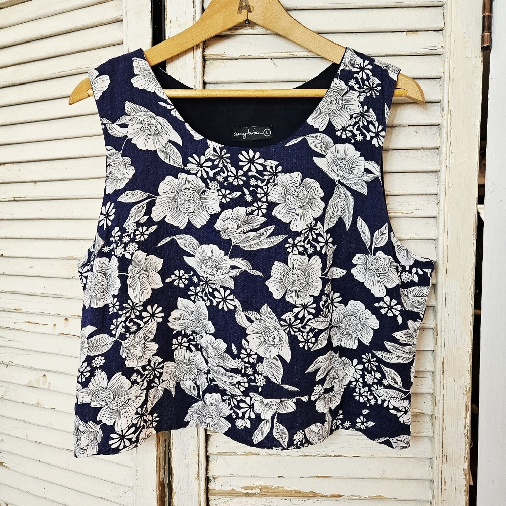 Cherry Bobin Blue Floral Crop Top Made In Canada Medium/Large